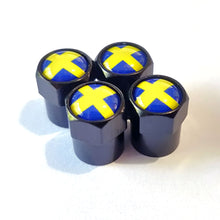 Load image into Gallery viewer, Swedish Flag Metal Wheel Dust Caps Hexagonal Black